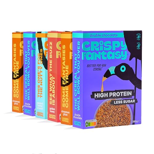 Crispy Fantasy Protein Cerealien, Verschiedene Sorten, Glutenfrei, Vegan, Wenig Zucker, Ballaststoffreich, Pflanzlich, Gesundes Frühstück für Kinder, Erwachsene, 8 g Protein pro Portion, 6 Schachteln von Crispy Fantasy
