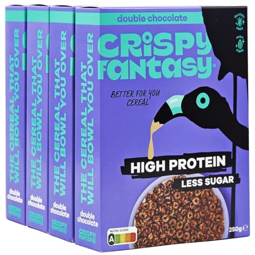 Crispy Fantasy Protein Cerealien, Schokolade, Glutenfrei, Vegan, Wenig Zucker, Ballaststoffreich, Pflanzlich, Gesundes Frühstück für Kinder, Erwachsene, 8 g Protein pro Portion, 4 Schachteln von Crispy Fantasy