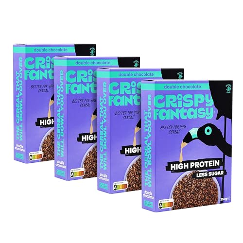 Crispy Fantasy Protein Cerealien, Schokolade, Glutenfrei, Vegan, Wenig Zucker, Ballaststoffreich, Pflanzlich, Gesundes Frühstück für Kinder, Erwachsene, 8 g Protein pro Portion, 4 Schachteln von Crispy Fantasy