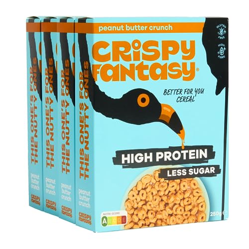 Crispy Fantasy Protein Cerealien, Erdnussbutter, Glutenfrei, Vegan, Wenig Zucker, Ballaststoffreich, Pflanzlich, Gesundes Frühstück für Kinder, Erwachsene, 8 g Protein pro Portion, 4 Schachteln von Crispy Fantasy