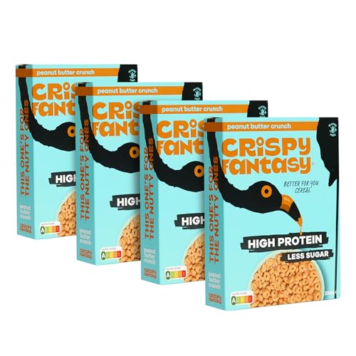 Crispy Fantasy Protein Cerealien, Erdnussbutter, Glutenfrei, Vegan, Wenig Zucker, Ballaststoffreich, Pflanzlich, Gesundes Frühstück für Kinder, Erwachsene, 8 g Protein pro Portion, 4 Schachteln von Crispy Fantasy