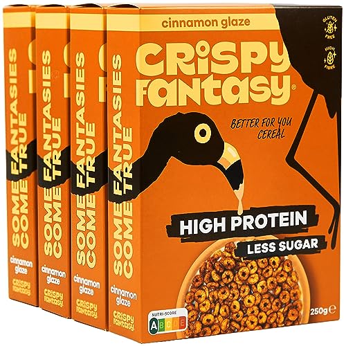 Crispy Fantasy Protein Cerealien, Zimt, Glutenfrei, Vegan, Wenig Zucker, Ballaststoffreich, Pflanzlich, Gesundes Frühstück für Kinder, Erwachsene, 8 g Protein pro Portion, 4 Schachteln von Crispy Fantasy