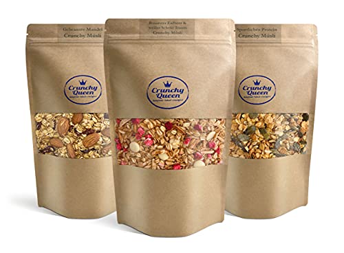 Crunchy Queen Kundenlieblinge Granola Knuspermüsli | Je 1x Proteinmüsli, Nussmüsli, Früchtemüsli | Handgemacht | Sparpaket | Crunchy Topping für Smoothiebowl & Müsli | Müsli ohne Zucker | 3x 340g von Crunchy Queen - homemade · baked · crunchfood