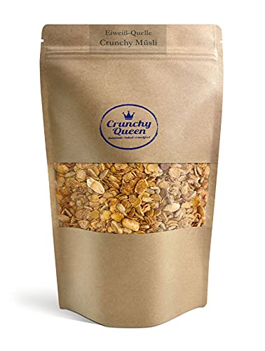 Crunchy Queen Eiweiss-Quelle Granola Knuspermüsli | 33% Protein | Handgemacht | High Protein Müsli | Low Carb Müsli | Sparpaket | Vegan | Müsli ohne Zucker | Crunchy Topping für Smoothiebowl | 1Kg von Crunchy Queen - homemade · baked · crunchfood