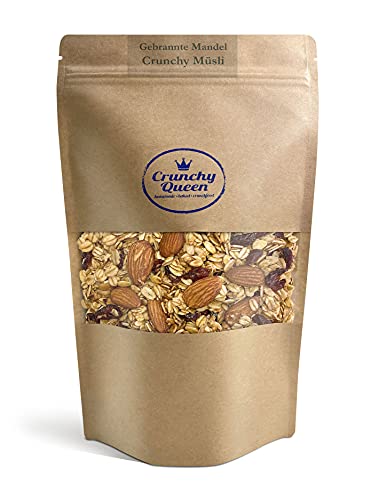 Crunchy Queen Gebrannte Mandel Granola Knuspermüsli | Mandel & Cranberries | Handgemacht | Crunchy Topping für Smoothiebowl & Müsli | Vegan | Müsli ohne Zucker | 100% natürlich | 1Kg Großgebinde von Crunchy Queen - homemade · baked · crunchfood