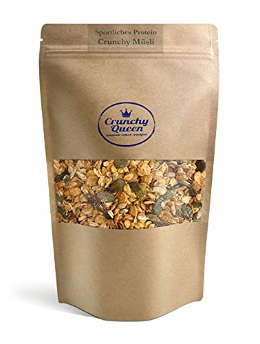 Crunchy Queen Sportliches-Protein Granola | 25% Protein | Handgemacht | High Protein Müsli | Low Carb | Vegan | Müsli ohne Zucker | Crunchy Topping für Smoothiebowl | 1Kg von Crunchy Queen - homemade · baked · crunchfood