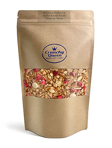 Crunchy Queen rosarote Erdbeere & weiße Schokolade Traum Knusper-Müsli Erdbeere Weiße Schokolade Granola palmölfrei (340g) von Crunchy Queen - homemade · baked · crunchfood