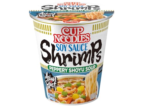 Nissin Cup Noodles – Soy Sauce Shrimps, Einzelpack, Soup Style Instant-Nudeln japanischer Art, mit Schrimp-Geschmack, Soja Sauce & Gemüse, schnell im Becher zubereitet, asiatisches Essen (1 x 63 g) von NISSIN