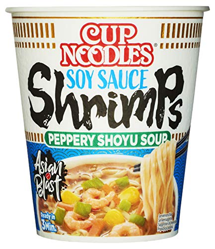 Nissin Cup Noodles – Soy Sauce Shrimps, Einzelpack, Soup Style Instant-Nudeln japanischer Art, mit Schrimp-Geschmack, Soja Sauce & Gemüse, schnell im Becher zubereitet, asiatisches Essen (1 x 63 g) von NISSIN