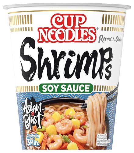 Nissin Cup Noodles – Soy Sauce Shrimps, Einzelpack, Soup Style Instant-Nudeln japanischer Art, mit Schrimp-Geschmack, Soja Sauce & Gemüse, schnell im Becher zubereitet, asiatisches Essen (1 x 63 g) von NISSIN