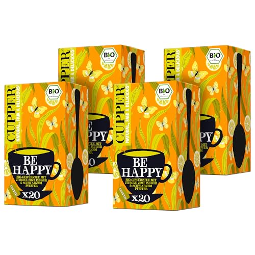 Cupper Bio Kräutertee "Be Happy", Zitronentee, Zitronenverbene Tee, 4er Pack, 80 ungebleichte Teebeutel, umweltfreundlich, fair gehandelt von Cupper
