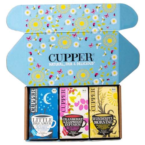 Cupper Bio Tee Set "Day to Night", Tee Geschenkset, Früchtetee, Kräutertee, drei verschiedene Sorten, 60 ungebleichte, plastikfreie Teebeutel, 3er Pack von CUPPER