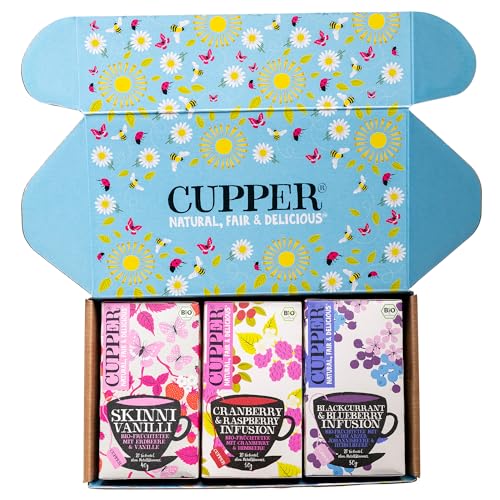 Cupper Bio Tee Set "Fruity", Tee Geschenkset, Früchtetee, drei verschiedene Sorten, 60 ungebleichte, plastikfreie Teebeutel, 3er Pack von CUPPER