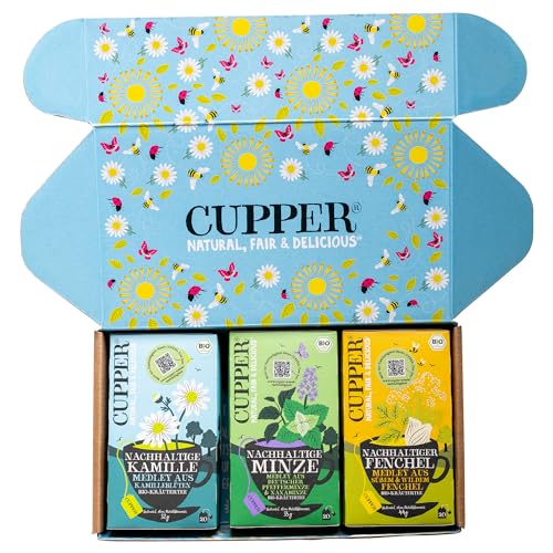 Cupper Bio Tee Set "Kräutermedley", Tee Geschenkset, Kräutertee, drei verschiedene Sorten, 60 ungebleichte, plastikfreie Teebeutel, 3er Pack von CUPPER