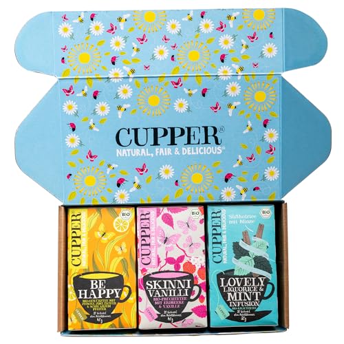 Cupper Bio Tee Set "Lieblinge", Tee Geschenkset, Früchtetee, Kräutertee, drei verschiedene Sorten, 60 ungebleichte, plastikfreie Teebeutel, 3er Pack Cupper Bio Tee Set "Lieblinge", Tee Geschenkset, Früchtetee, Kräutertee, drei verschiedene Sorten, 60 ungebleichte, plastikfreie Teebeutel, 3er Pack von CUPPER