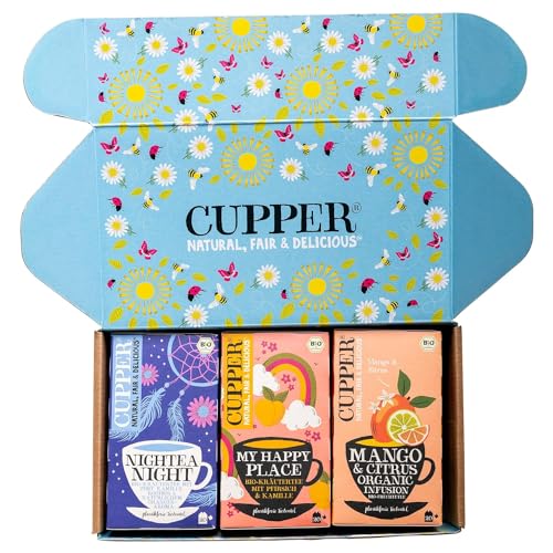 Cupper Bio Tee Set "Neuheiten", Tee Geschenkset, Früchtetee, Kräutertee, drei verschiedene Sorten, 60 ungebleichte, plastikfreie Teebeutel, 3er Pack Cupper Bio Tee Set "Neuheiten", Tee Geschenkset, Früchtetee, Kräutertee, drei verschiedene Sorten, 60 ungebleichte, plastikfreie Teebeutel, 3er Pack von CUPPER