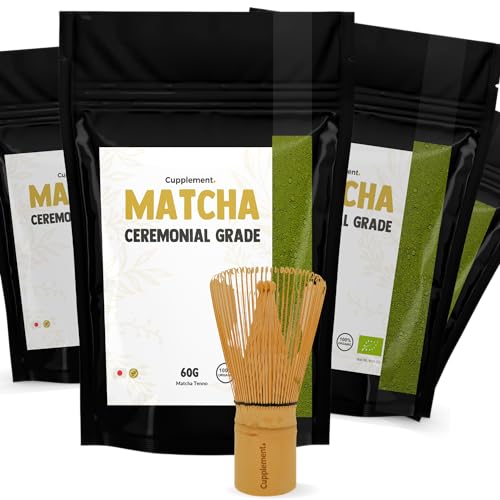 Cupplement - 4 Taschen Zeremonial Grade Matcha 40 Gramm - Bio - Gratis Matcha Whisk - Höchste Qualität Grüntee Pulver - Starter-Set von Cupplement