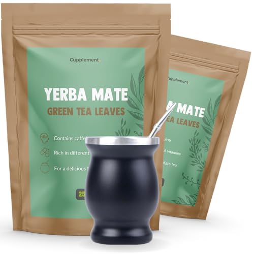 Cupplement - Yerba Mate Starter Pack - 5er Set - 2 Beutel Yerba Mate Tee, Kürbis, Bombilla & Reinigungsstab - Höchste Qualität Pulver - Südamerika - Traditionell - Ungeräuchert von Cupplement