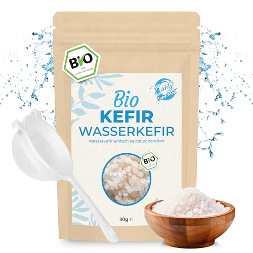 Curly Superfood® Original Wasserkefir Kristalle Bio 30g + Sieb - Unendlich viel frischen Wasserkefir einfach herstellen - Inkl. Erfolgsgarantie & Anleitung - Kefir Kristalle von Curly Superfood