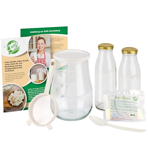 Curly Superfood Bio Kefir Starter Set aus deutscher Herstellung - Echten Milchkefir einfach selber machen - Bio Kefirknollen 10g als Kefir Starterkulturen + Zubehör für Bio Kefirpilz von Curly Superfood