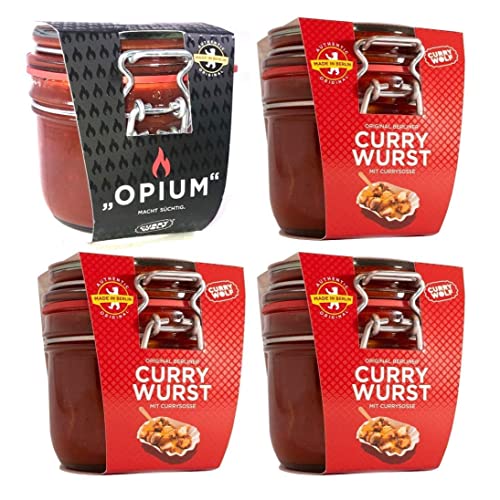 Curry Wolf Selection - 3x 220g Currywurst im Glas & 1x pikante Tomaten-Chili Soße OPIUM von Curry Wolf