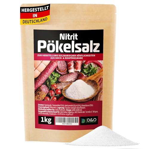 D&O Nature Products Pökelsalz 1kg, Nitritpökelsalz zum Trocken- und Nasspökeln, Natriumnitrit Anteil 0,4-0,5%, Pökelsalz für Schinken, Fleisch, Wurst, Kassler, feines NPS Salz (1000g) von D&O Nature Products