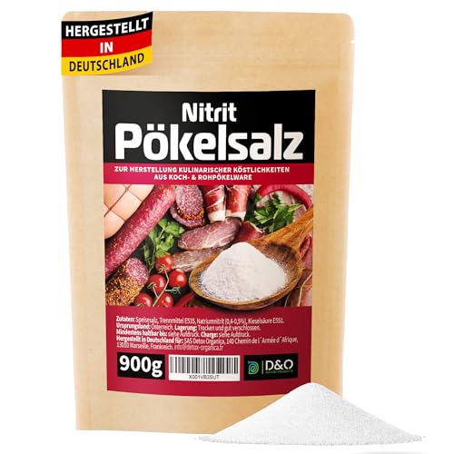 D&O Nature Products Pökelsalz 900g, Nitritpökelsalz zum Trocken- und Nasspökeln, Natriumnitrit Anteil 0,4-0,5%, Pökelsalz für Schinken, Fleisch, Wurst, Kassler, feines NPS Salz (900g) von D&O Nature Products