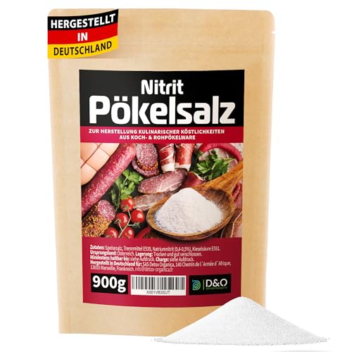 Pökelsalz 900g, Nitritpökelsalz zum Trocken- und Nasspökeln, Natriumnitrit Anteil 0,4-0,5%, Pökelsalz für Schinken, Fleisch, Wurst, Kassler usw., feines NPS Salz, Pökelsalz kaufen (900g) von D&O Nature Products