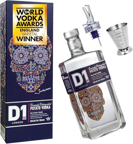 D1 Wodka Geschenkset für Männer Frauen 70cl mit Cocktail Jigger & Ausgießer Barset in Geschenkbox - World Vodka Awards 2022 & 2023 Gold Preisträger I Geschmeidig cremiger Vodka von D1