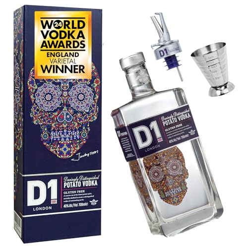 D1 Wodka Geschenkset für Männer Frauen 70cl mit Cocktail Jigger & Ausgießer Barset in Geschenkbox - World Vodka Awards 2022 & 2023 Gold Preisträger I Geschmeidig cremiger Vodka von D1