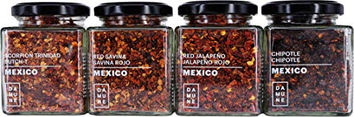 Chiliflocken: Rote Jalapeño Flocken - 80g, Chipotle Flocken - 80g, Chili Habanero Red Savina Flocken – 50g, Chili Habanero Scorpion Trinidad Butch T Flocken - 60g Chiliflocken: Rote Jalapeño Flocken - 80g, Chipotle Flocken - 80g, Chili Habanero Red Savina Flocken – 50g, Chili Habanero Scorpion Trinidad Butch T Flocken - 60g von DAMUNE