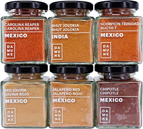 DAMUNE Chilis der Welt: Carolina Reaper Pulver (45g), Bhut Jolokia Pulver (45g) & Scorpion Trinidad Butch T Pulver (45g), Red Savina Pulver - 45g, Chipotle Pulver - 45g, Rote Jalapeño Pulver - 45g von DAMUNE