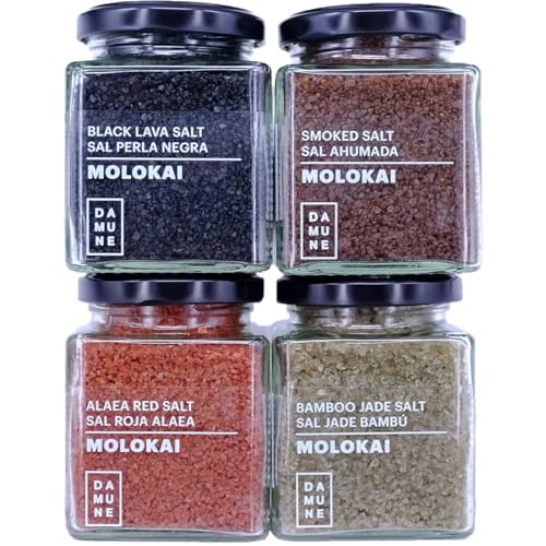 Gourmetsalz Molokai-Hawaii: Schwarzes Salz Black Lava Hawaii-Molokai (200g), Rotes Salz Alaea Red Gold Hawaii-Molokai (200g), Salz Jade Bamboo Hawaii-Molokai (200g), Rauchsalz Hawaii-Molokai (200g) von DAMUNE