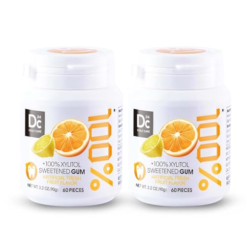 DC24 DAILY CARE 100% Xylit Kaugummi Frucht, zuckerfrei & vegan ohne Titandioxid ohne Aspartam, 2 x 60 Stk Dose, BigPack mit 120 Kaugummis von DC24 DAILY CARE