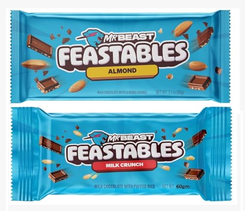 DECADENT FOODS Mr.Beast Feastables Kombi-Pack (Mandel- und Milch-Crunch), cremige Geschmeidigkeit, köstliche Schokoladentafel, je 60 g, 2 Stück von DECADENT FOODS