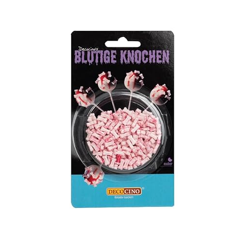 DECOCINO Blutige Knochen Halloween (25g) - Streudeko für Cupcakes, Muffins und Torten. Zu Halloween gehört Blut dazu, daher perfekt auch für Mottopartys, Streusel. Knochen von DECOCINO