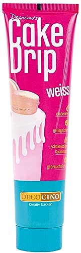 DECOCINO Cake Drip Weiss – schokoladiger Geschmack – direkt gebrauchsfertig – Backdeko für Torten, Kuchen, Muffins, Cupcakes, Cake Melts von DECOCINO