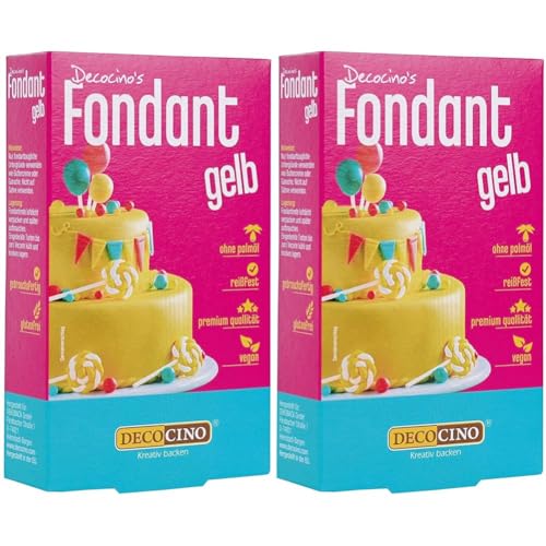 DECOCINO Fondant Gelb – 250 g – ideal zum Verzieren von Kuchen, Torten, Cupcakes – Palmölfrei & vegan (Packung mit 2) von DECOCINO