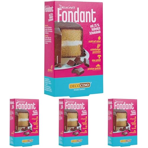 DECOCINO Fondant Schoko mit 25% Vollmilch-Schokolade ohne Palmöl, reißfest & stabil auf Sahne –ideale Backdeko zum Dekorieren von Kuchen & Torten (Packung mit 4) von DECOCINO