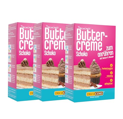 Decocino Schoko Buttercreme Fertigmischung (3x250g) - fertige Buttercreme Mischung im Schoko Geschmack, ideal für Torten, Kuchen und Cup Cakes, Topping, Motivtorten, Frankfurter Kranz, Geburstag von DECOCINO