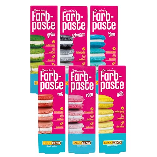 Decocino Farbpaste-Set 6er-Set – 6 x 20 g – Lebensmittelfarben in Rot, Rosa, Grün, Gelb, Blau und Schwarz, ideal zum Einfärben von Kuchen, Fondant und Cremes – AZO-Frei und Glutenfrei von DECOCINO