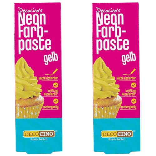 Decocino Neon Lebensmittelpaste gelb – hochdosierte Lebensmittel-Farbe – zum Einfärben von Kuchen, Torten, Muffins, Cupcakes – geschmacksneutral (Packung mit 2) von DECOCINO