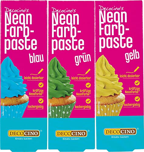 Decocino Neon Lebensmittelpasten Set - 3 Stück - gelb, blau, grün – hochdosierte Lebensmittel-Farbe – zum Einfärben von Kuchen, Torten, Muffins, Cupcakes – geschmacksneutral von DECOCINO