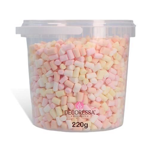 DECORESSA Mini Marshmallows 4-Farb Mix 220g, Zuckerdekor für Eis, Müsli, Backwaren, kleiner Eimer für kreative Genussmomente von DECORESSA