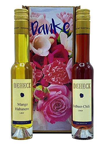 Geschenkset Liköre "DANKE" Erdbeer Chili und Mango Habanero Likör Geschenkset Liköre "DANKE" Erdbeer Chili und Mango Habanero Likör von DEHECK Destillerie Likörmanufaktur
