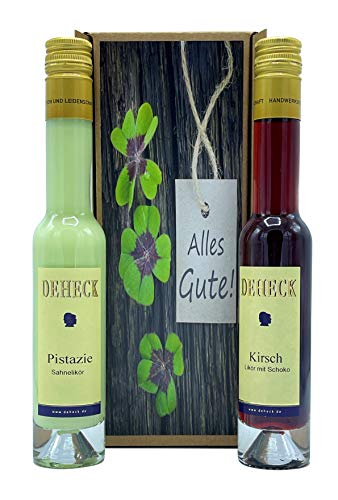 Geschenkset "Alles Gute" Pistazie und Amarena Kirsche Schoko 2x0,1l im Geschenkkarton von DEHECK Destillerie Likörmanufaktur