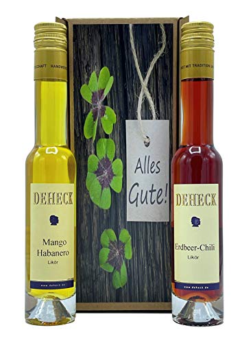 Geschenkset "Alles Gute" Erdbeer Chili Mango Habanero Likör 2x0,1l im Geschenkkarton von DEHECK Destillerie Likörmanufaktur