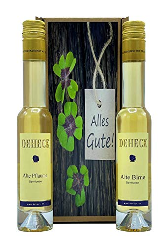 Geschenkset "Alles Gute" Alte Birne Alte Pflaume 2x0,1l im Geschenkkarton von DEHECK Destillerie Likörmanufaktur