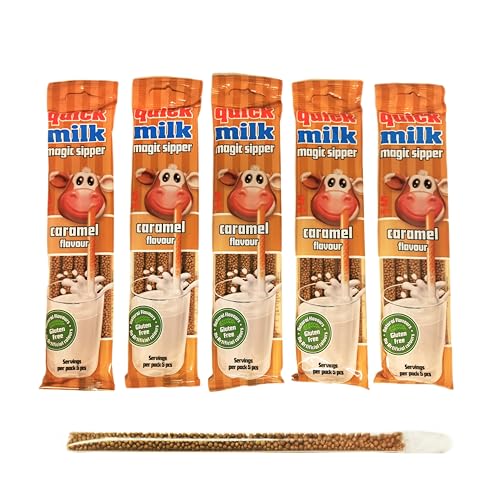 Quick Milk Caramel (NEW) - Strohhalme für Milch mit Karamellgeschmack, 5 Packung je 5 Trinkhalme (25 Halme) von DEKOND