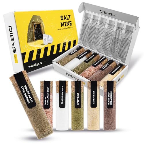 DIBYS SALTMINE Gourmet-Salze Geschenk-Set | 6 verschiedene Salze aus aller Welt inkl. Rezepte | Gewürze-Set mit Kräutersalz, Knoblauchsalz, pikantes Salz & mehr | Geschenke für Hobbyköche von DIBYS